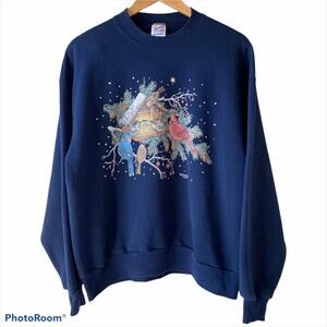 Vintage Jerzees Navy Blue Bird Winter Scene Crew Sweatshirt Sz L